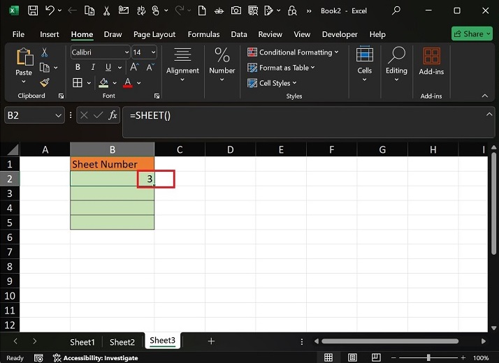 使用 Sheet() 函数提取工作表编号 2