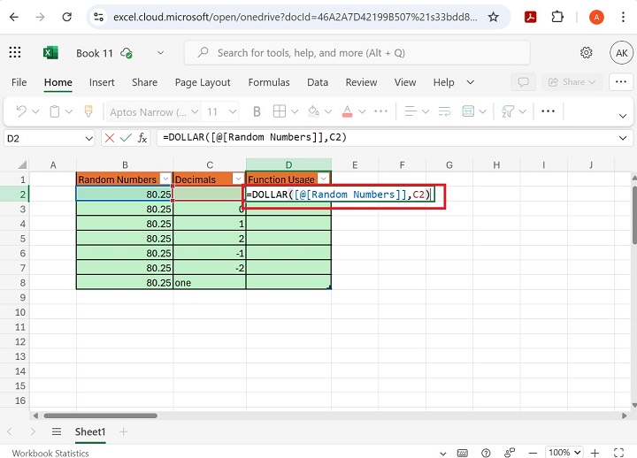 如何在 Excel 2 中执行 DOLLAR 函数