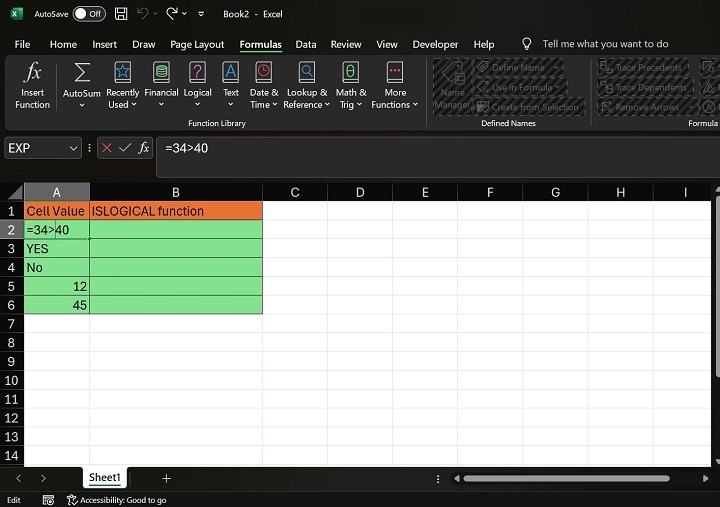 如何在 Excel1 中使用 ISLOGICAL 函数