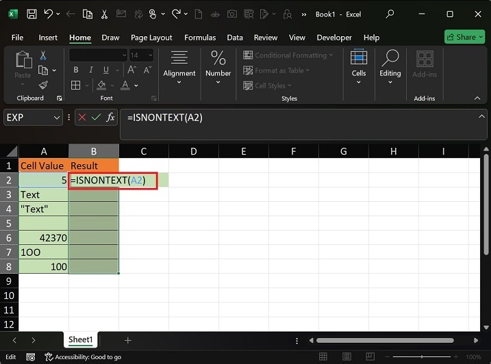如何在 Excel2 中使用 ISNONTEXT 函数