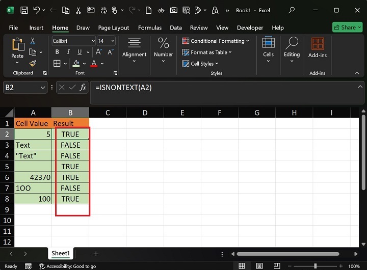 如何在 Excel3 中使用 ISNONTEXT 函数