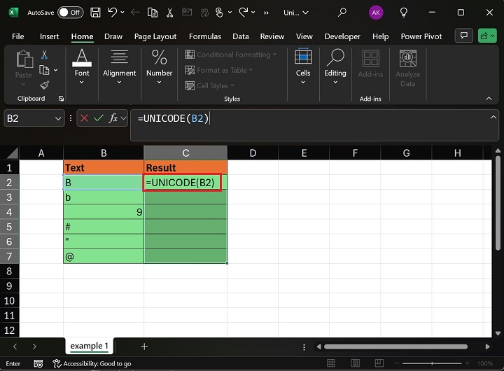 在 Excel2 中使用 UNICODE 函数