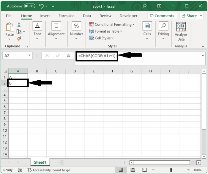 如何在 Excel 中自动将字母加一以获取下一个字母? | w3schools 中文网