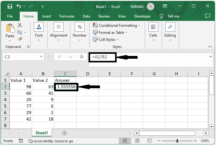 如何在 Excel 中将一列除以另一列? | w3schools 中文网