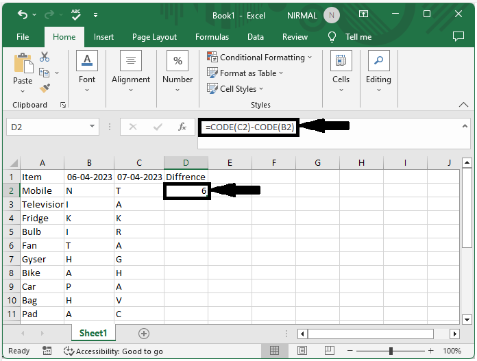 如何在 Excel 中计算字母之间的差异? | w3schools 中文网