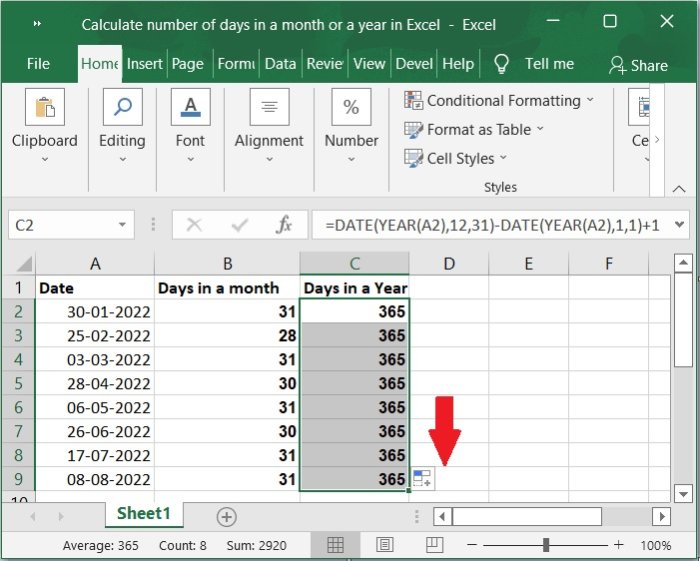 如何在 Excel 中计算一个月或一年的天数? | w3schools 中文网