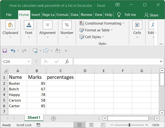 如何在 Excel 中计算列表的排名百分位数? | w3schools 中文网