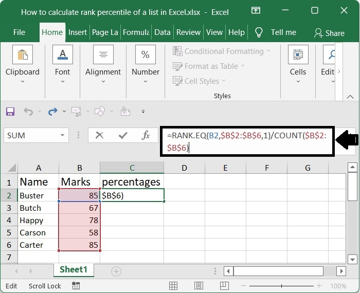 如何在 Excel 中计算列表的排名百分位数? | w3schools 中文网