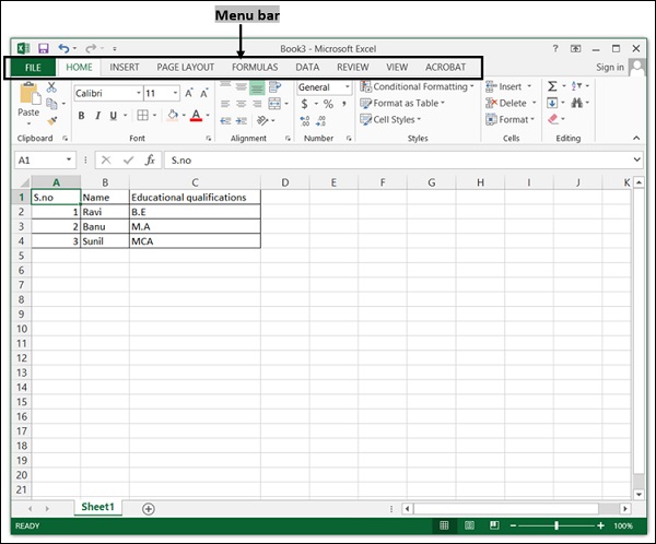Excel 菜单栏