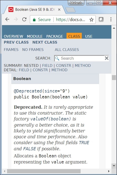 Boolean Class javadoc