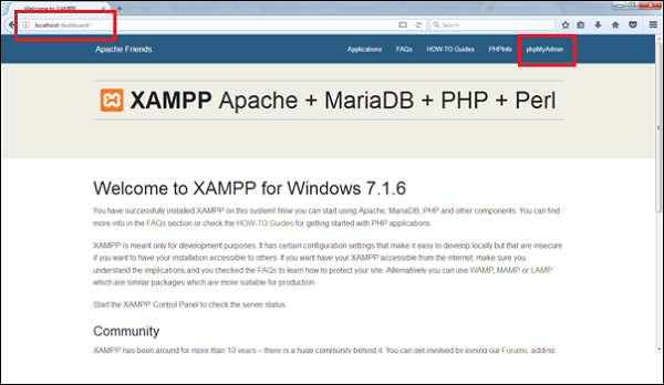 XAMPP 的仪表板